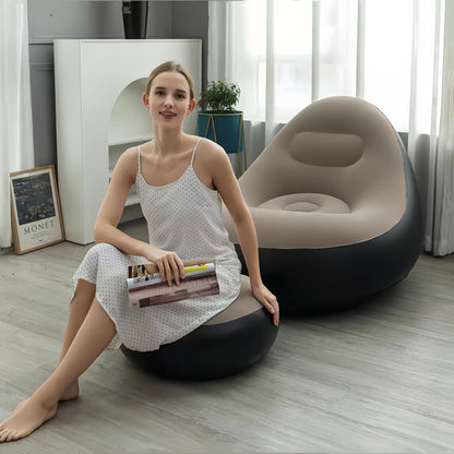 The Single Stool/Sofa And Stool Combo is an inflatable sofa that can also be used as a portable outdoor waterproof sofa. It is a versatile piece of furniture that can be transformed into a folding lounge chair or an outdoor sofa bed with footrest. The