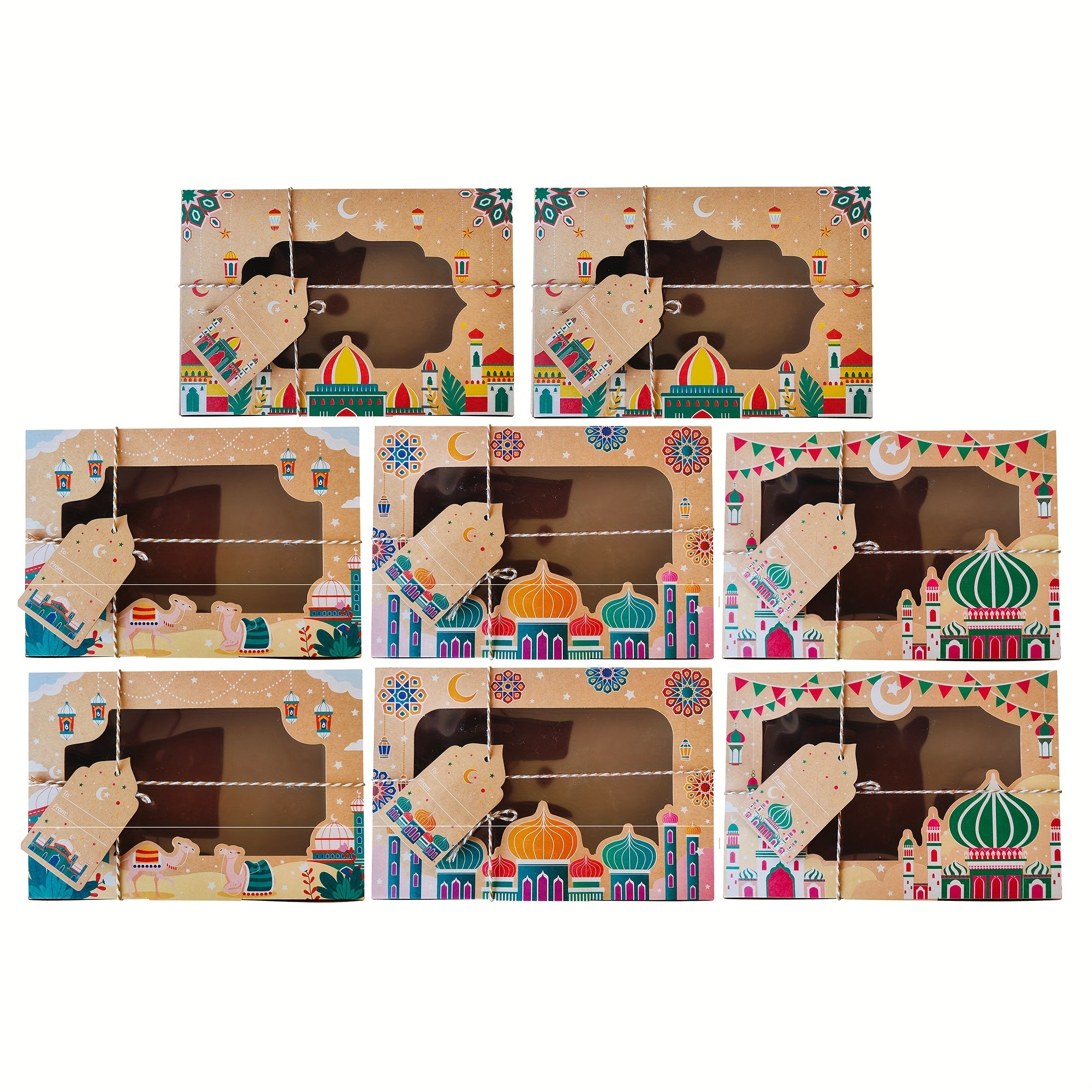 Eid Kraft Paper Gift Boxes with Islamic Designs and View Window, perfect for candy packaging during Ramadan Mubarak. Great for weddings, birthdays, and party favors. Includes 24 boxes with