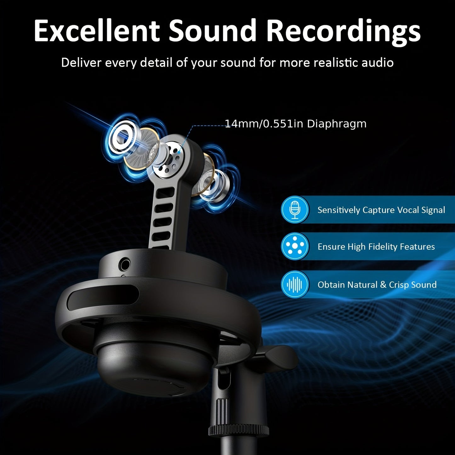 Professional USB condenser microphone with RGB lighting suitable for gaming, streaming, recording, and karaoke on PC, Mac, and various gaming consoles and phones.