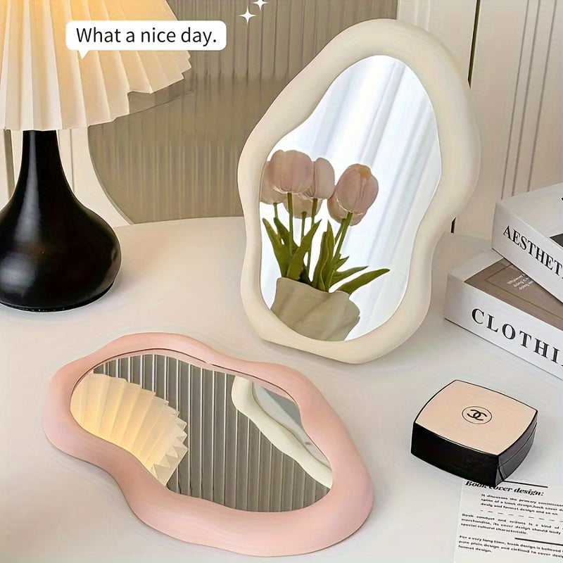 Portable cloud-shaped folding makeup mirror with floral theme, polished glass surface, plastic frame, dresser mount, no electricity needed for home, dorm, and travel.