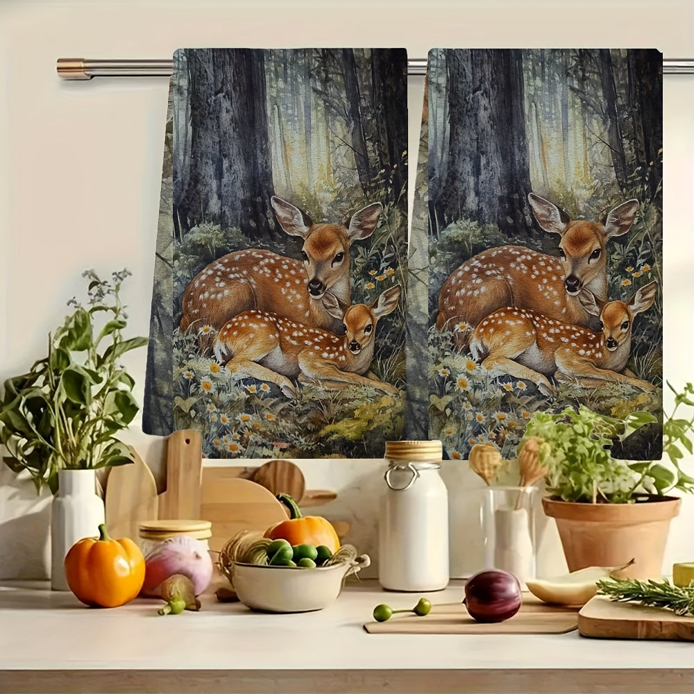 Set of 2 Coastal Style Kitchen Towels featuring a Contemporary Polyester Knit Fabric. These towels are Super Absorbent, Machine Washable, and measure 40.64x60.96 cm. They are Decorative Dish Hand Towels with a Serene Deer and Fawn Design.