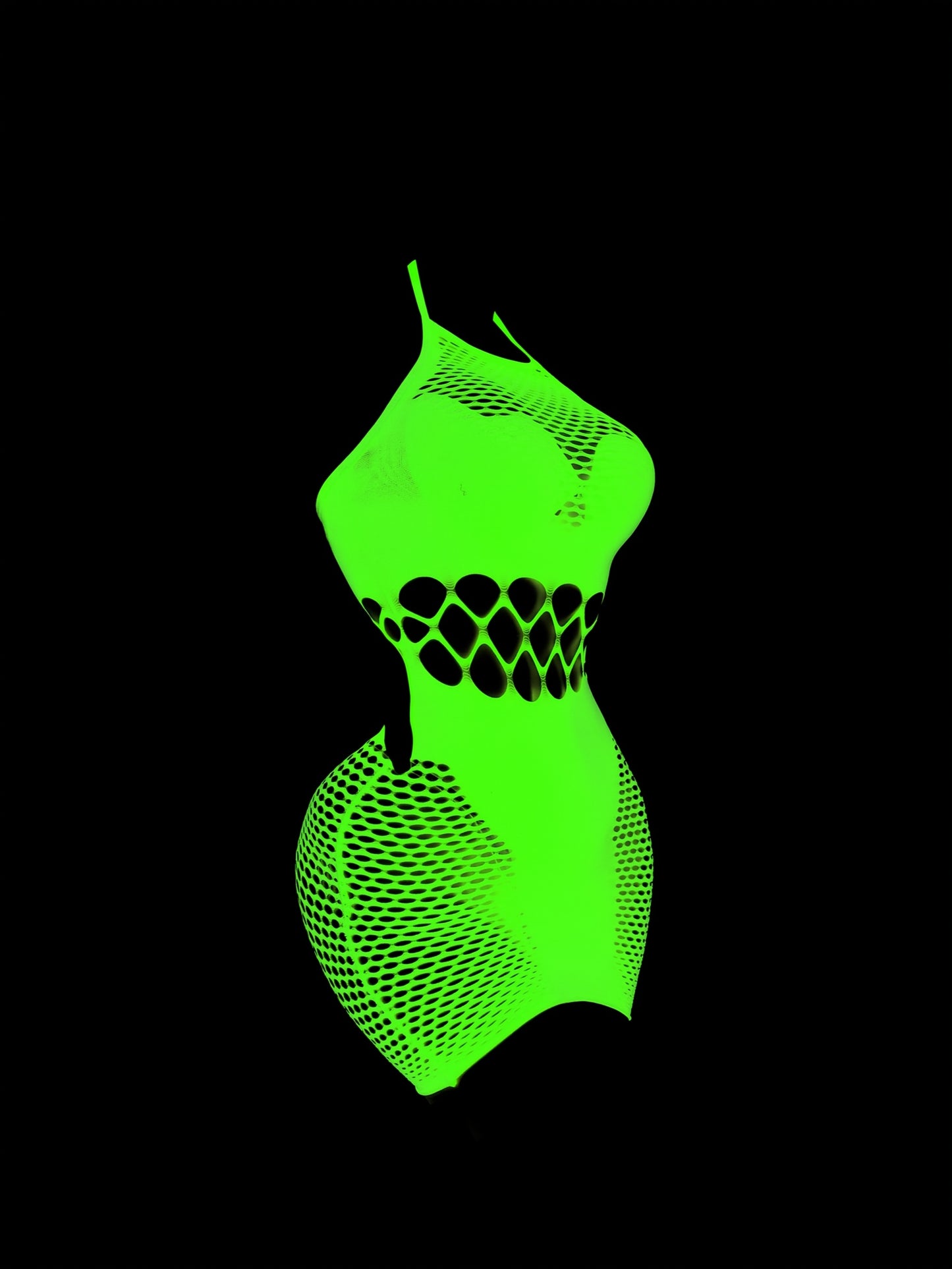 Plus-size glow-in-the-dark lace fishnet dress lingerie with see-through halter design.