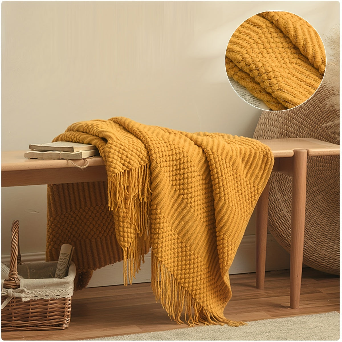 Soft and warm throw blanket for all seasons, perfect for the sofa, bed, car, or as a bed tail blanket. Features knitted tassels and multifunctional design.