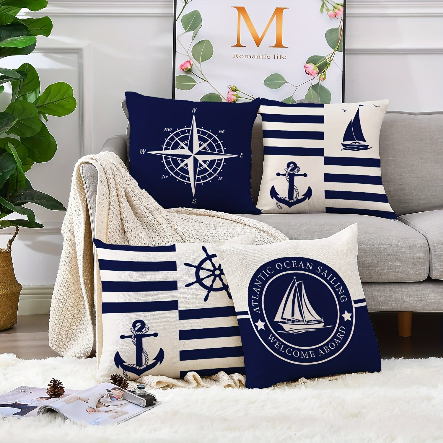 Set of 4 nautical polyester linen pillowcases in blue, featuring sailboats, compasses, and anchors. 18x18 inches, ideal for bedroom decor. Pillow core not included.