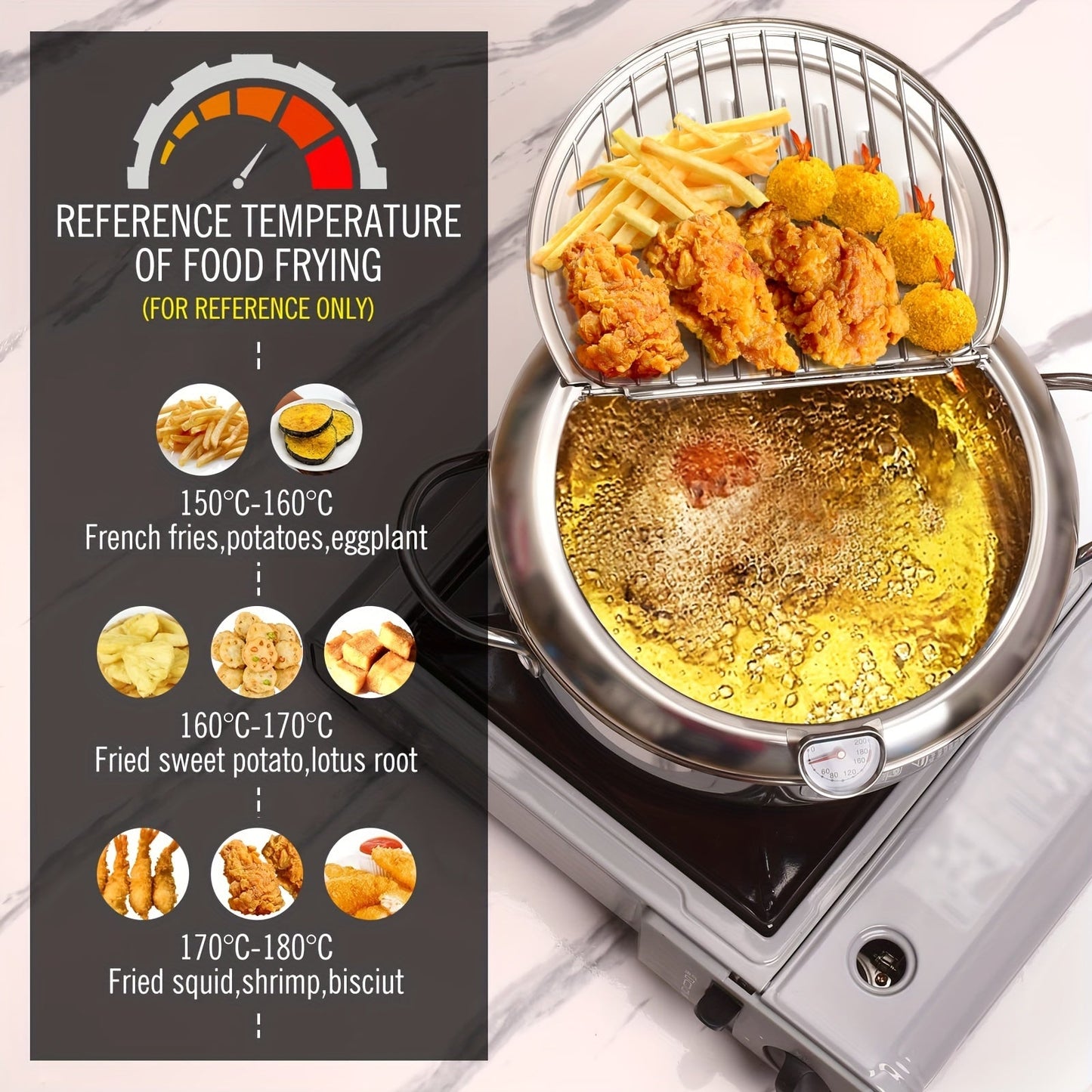 A versatile kitchen tool, the 1-piece stainless steel deep fryer and frying pan with lid comes equipped with temperature control and an oil drop filter rack. Ideal for frying up dishes like French fries and chicken, this fryer is compatible with gas and