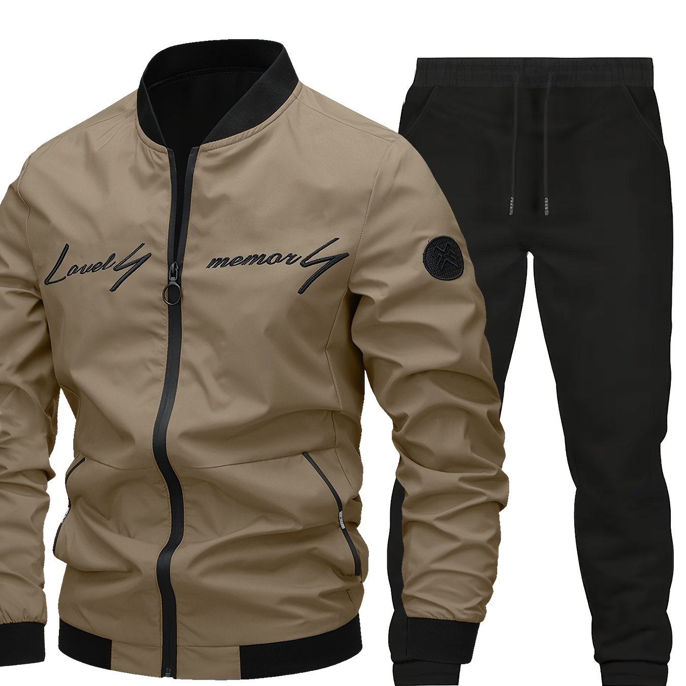 Men's Classic Bomber Jacket & Jogging Pants Set in sleek black with letter embroidery. Made of durable polyester with elastic cuffs and waistband. Ideal for outdoor activities and casual