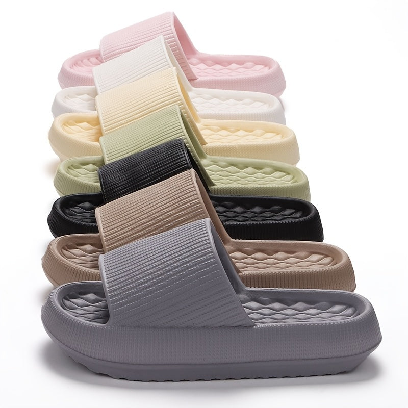 Stylish summer slides for women with thick soles, round toe, and non-slip flat heel, perfect for indoor and outdoor wear, made of comfortable EVA material.