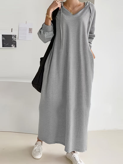 Plus Size Solid Drawstring Hooded Maxi Dress for Fall & Winter