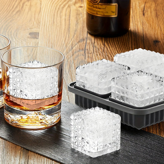 Silicone 3D Square Ice Cube Mold for Whiskey - Funnel Included, Ideal for Cocktails, Bourbon, Brandy - Great Gift for Men - Black Color