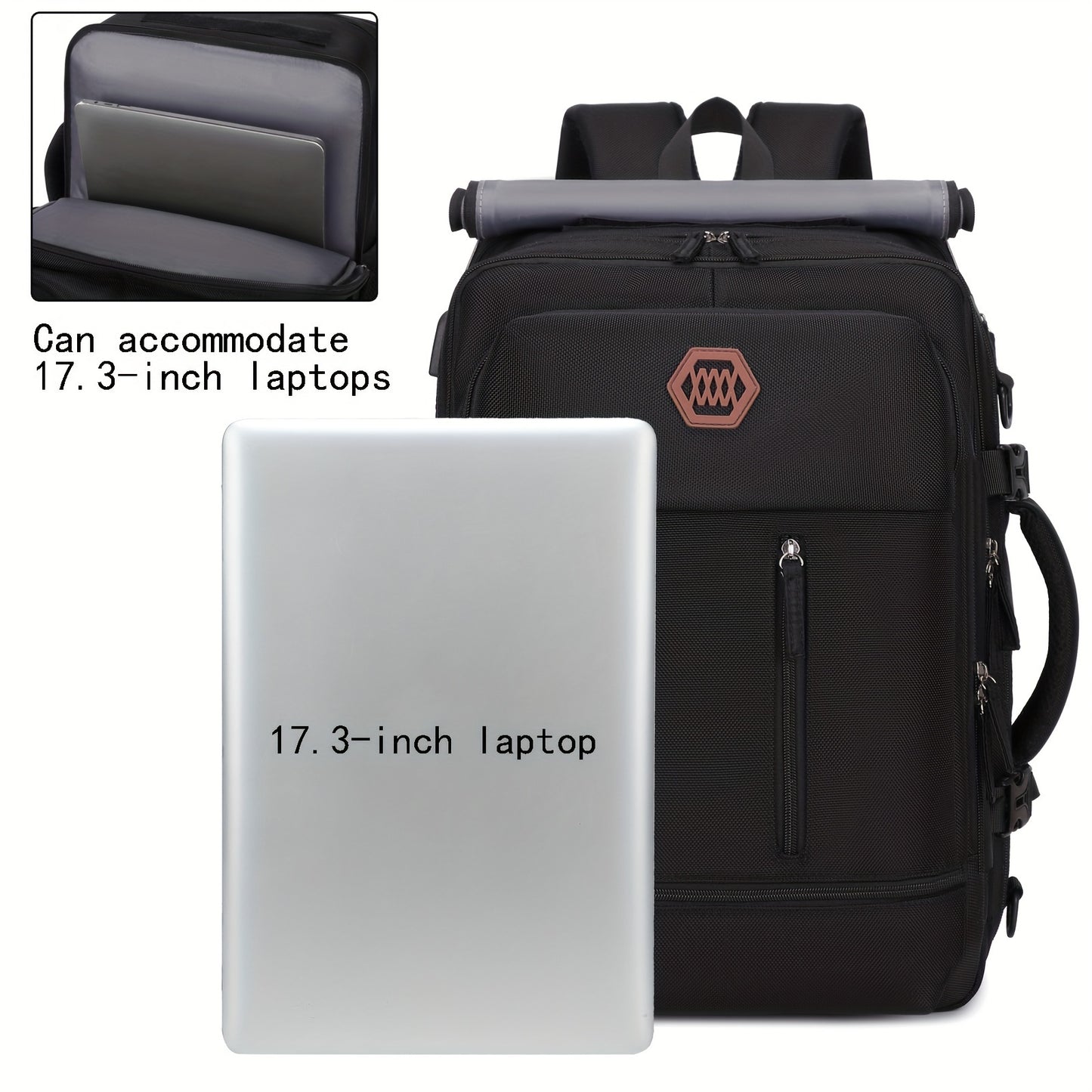 Large, durable backpack with shoe compartment, USB port, and 17-inch laptop compartment, ideal for college or business use.