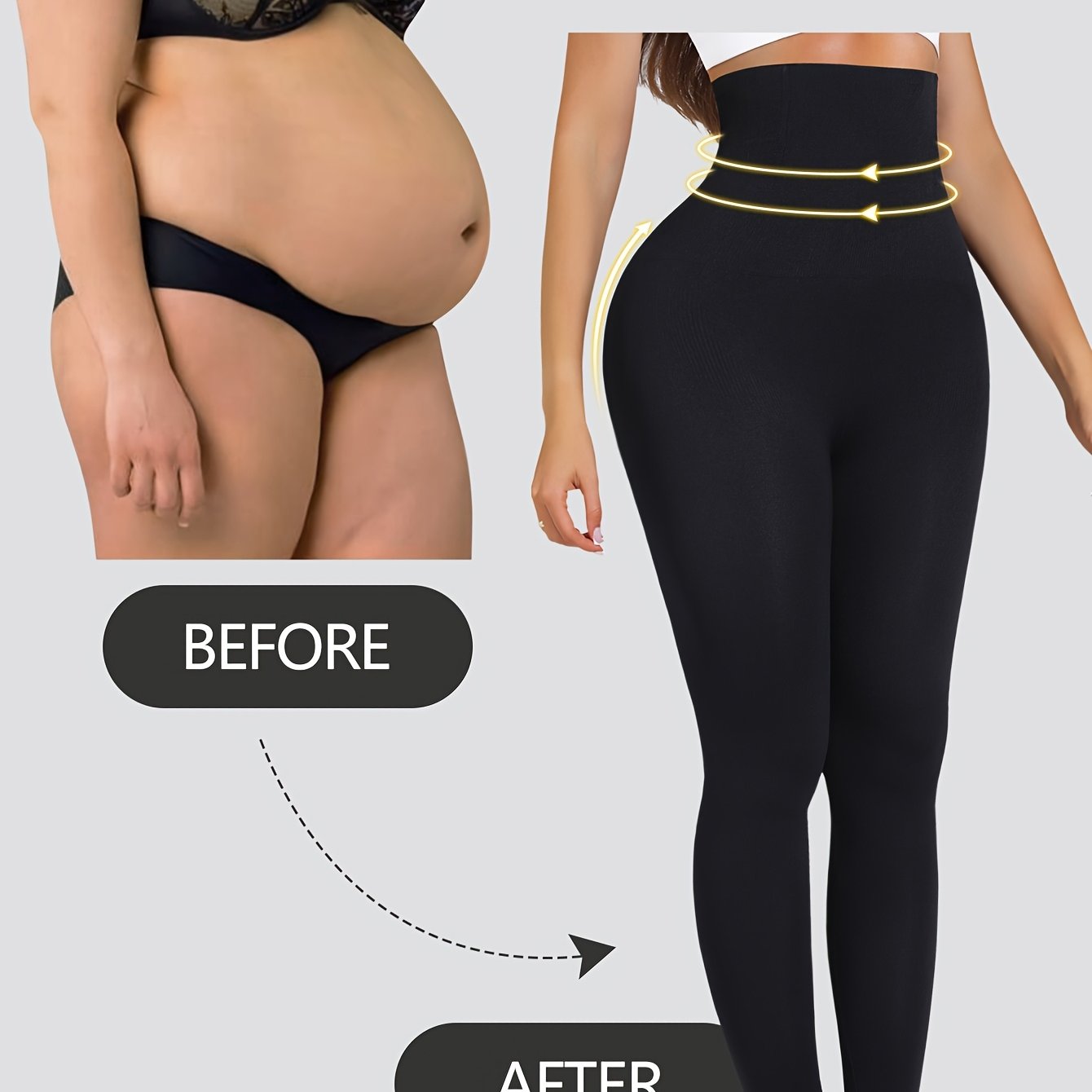 Black high-waist leggings with tummy control, stretch, and butt-lifting features, perfect for workouts and casual wear.