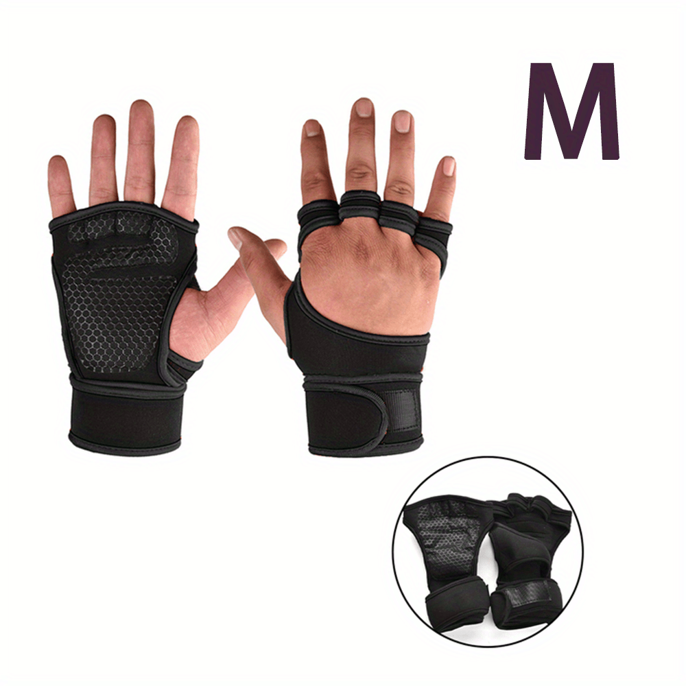 Half finger gym gloves with adjustable wrist support, ideal for pull-ups, barbell lifting and weightlifting. Made of breathable polyester fabric with hook-and-loop fastener closure in