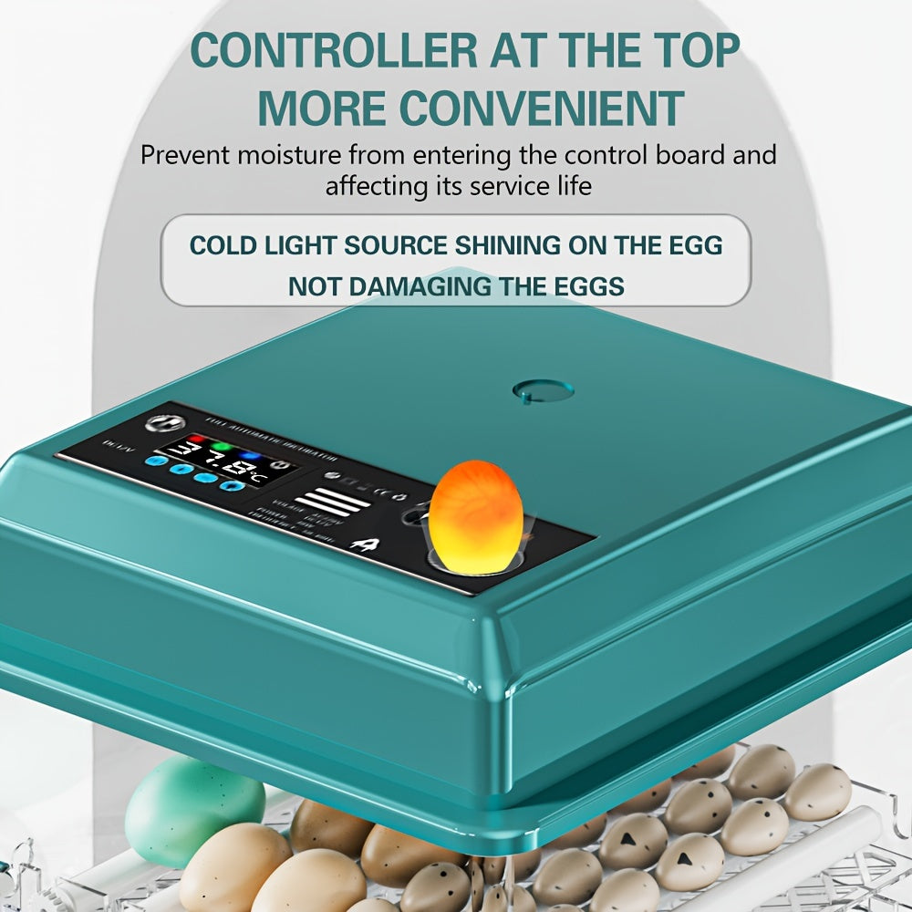 16-egg automatic incubator with auto turn, humidity control, adjustable spacing, pulse heat, cold light turning, Celsius display. Ideal for various eggs including duck, pigeon, bird, quail