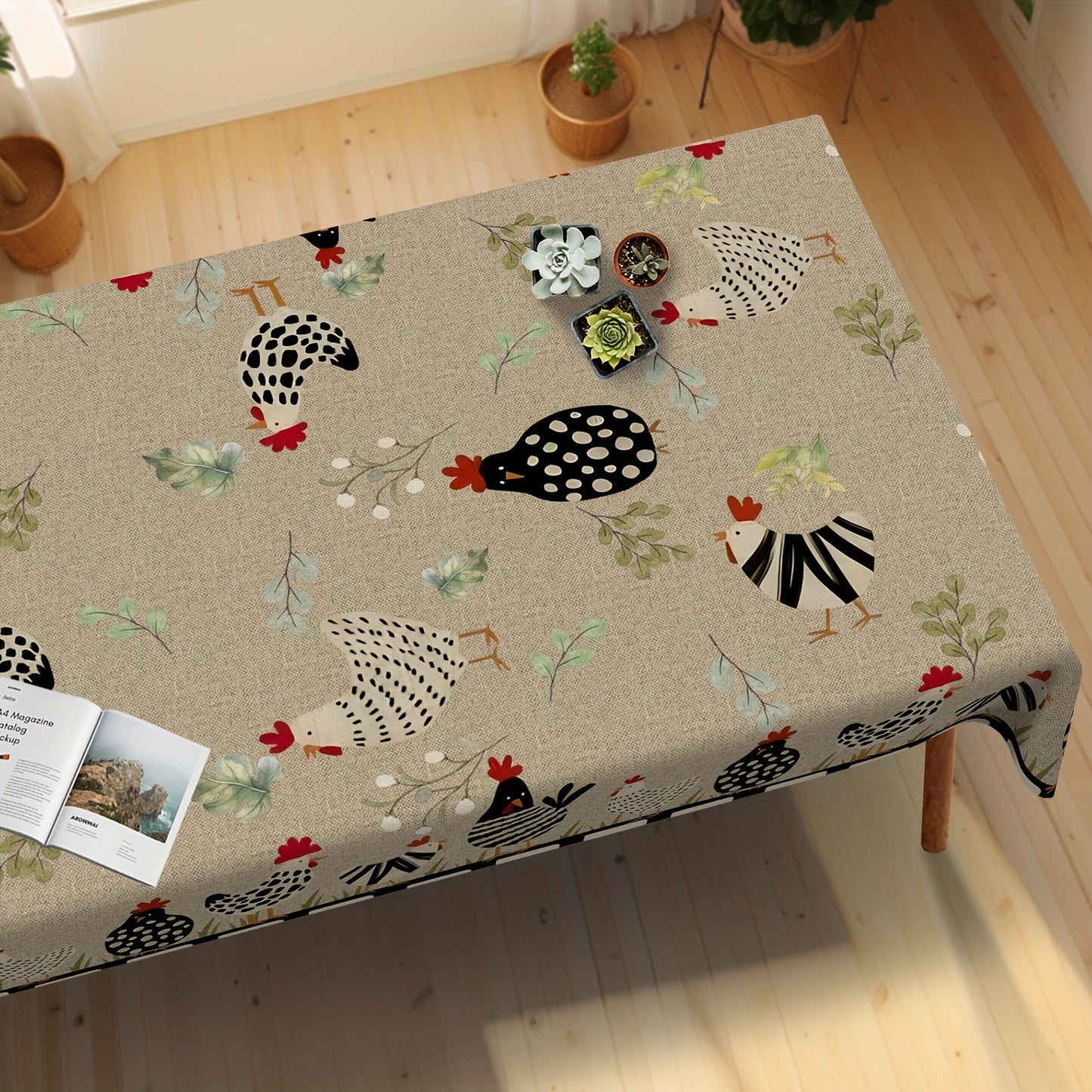 1pc Rustic Farmhouse Style Table Cover with Rooster Pattern, Stain Resistant, Non-slip, Wrinkle Resistant Home Decor