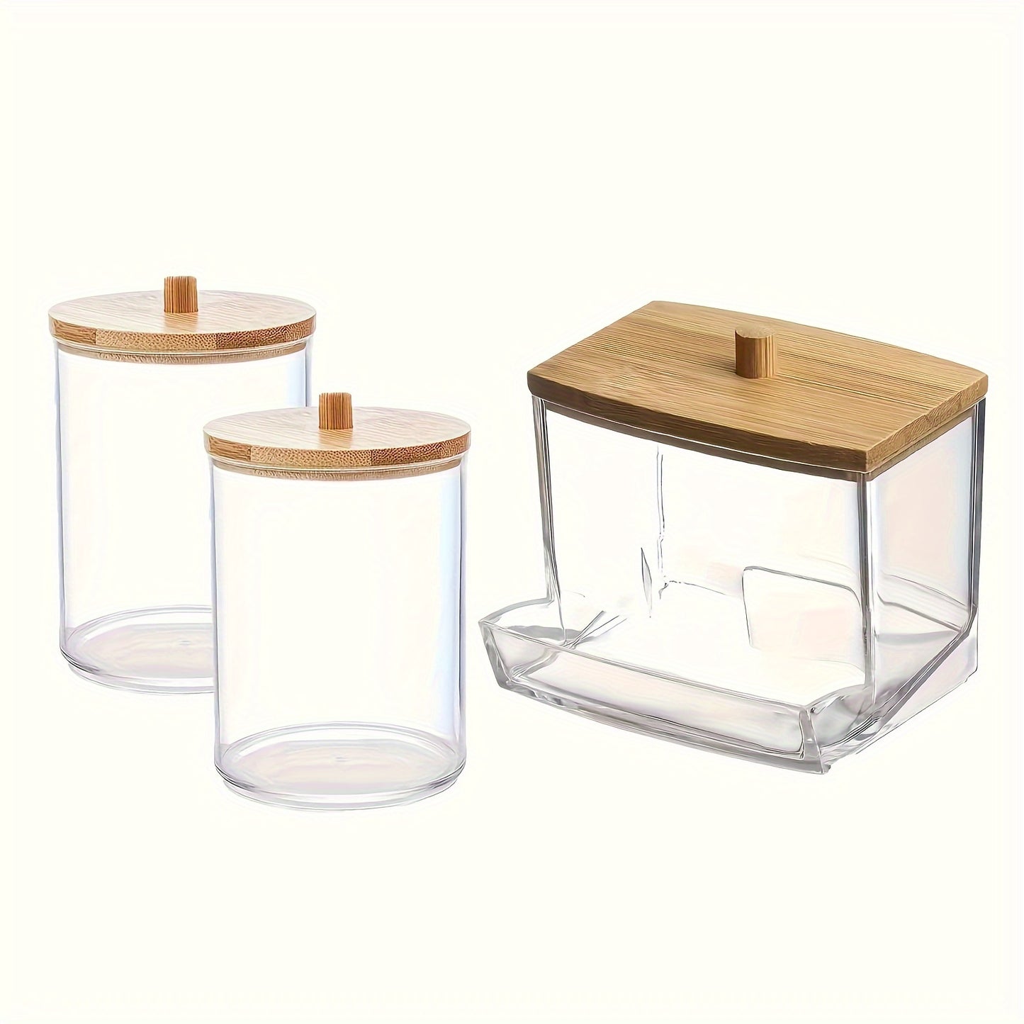 3 Qtip Dispensers and a 7/10 oz clear plastic medication jar kit for organizing bathroom and vanity storage.