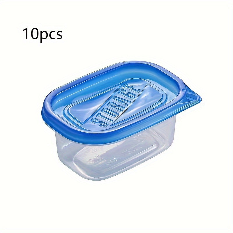 10pc set of reusable clear plastic storage containers with blue lids, perfect for storing fresh produce and snacks in the kitchen, office, school, picnics, and beach.