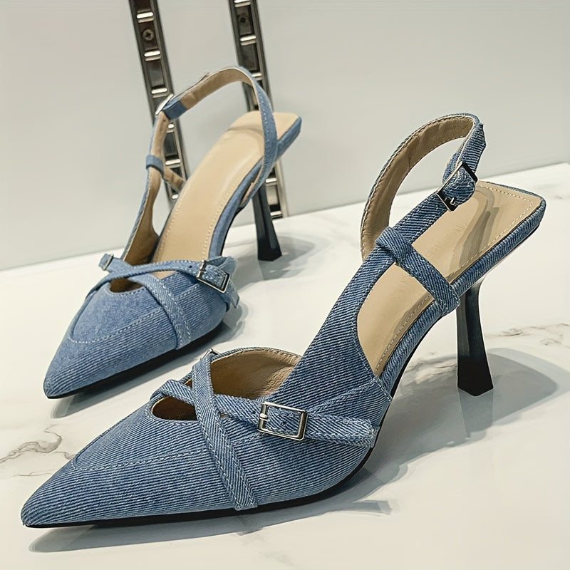 Blue cross strap women's high heel fashion sandals with pointed toe and hollow head.