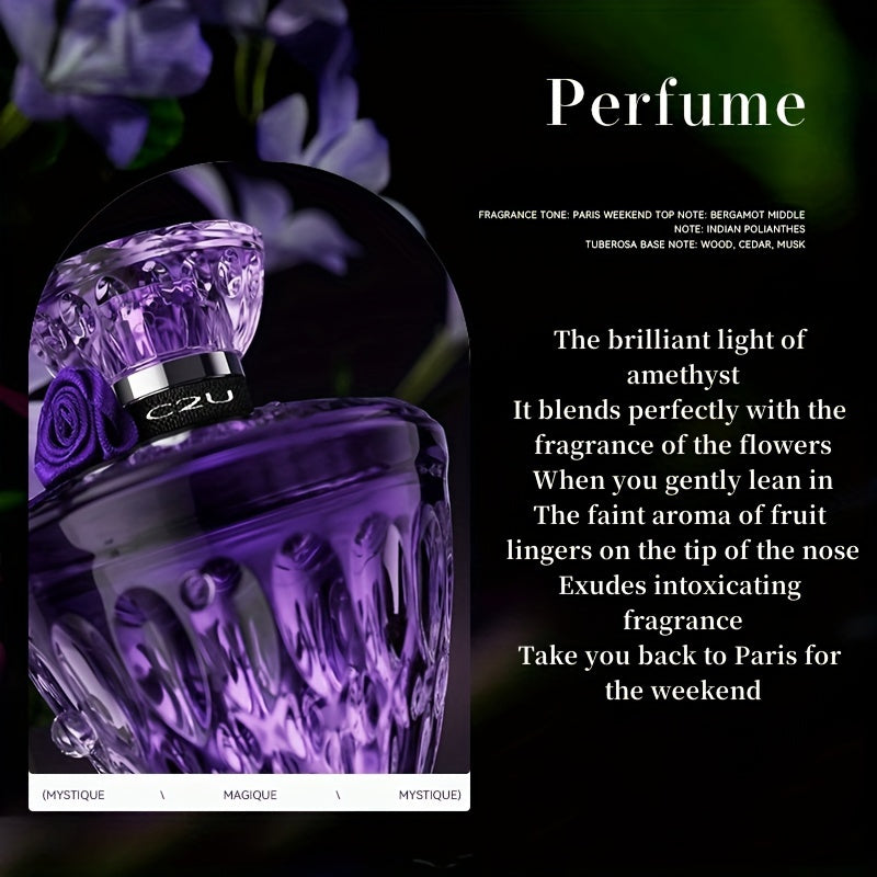 Elegant 75ml Purple Women's Perfume Spray with refreshing woody notes and alcohol-infused scent, perfect girlfriend gift with decorative floral packaging.