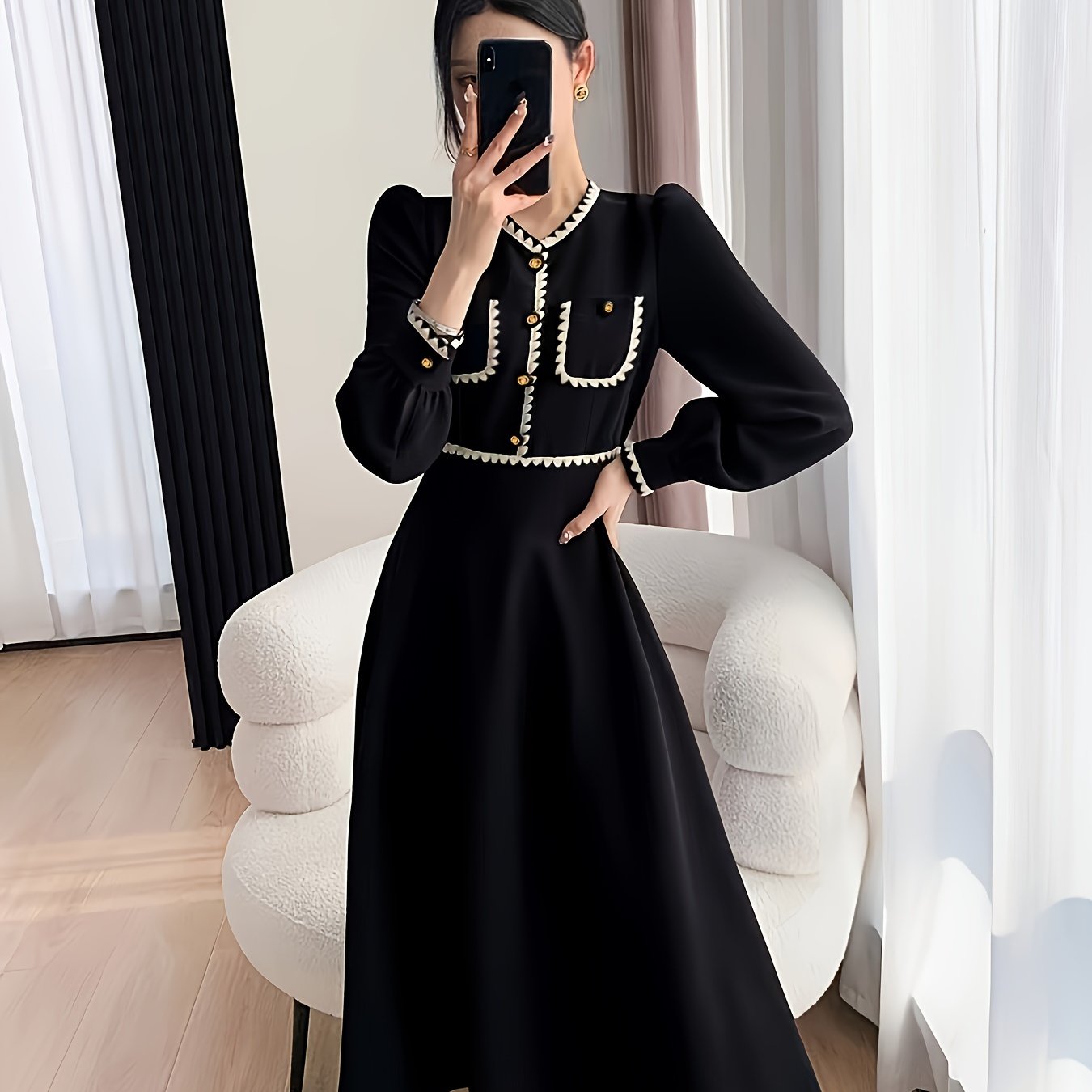 Women's elegant A-line dress with long sleeves, v-neck and made of polyester fabric. Machine washable and suitable for spring, summer, and autumn fashion.