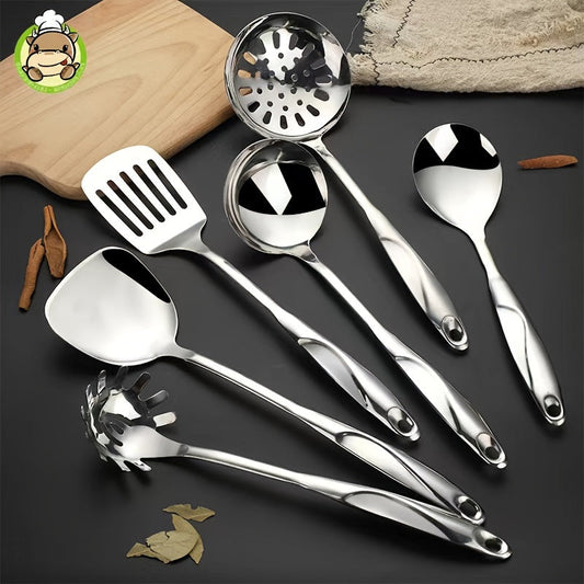 Six-piece set of kitchen utensils made of stainless steel, featuring hollow handles and a mirror finish. These cooking tools are not only durable and elegant but also easy to clean, making them the perfect addition to your kitchen gadgets collection.