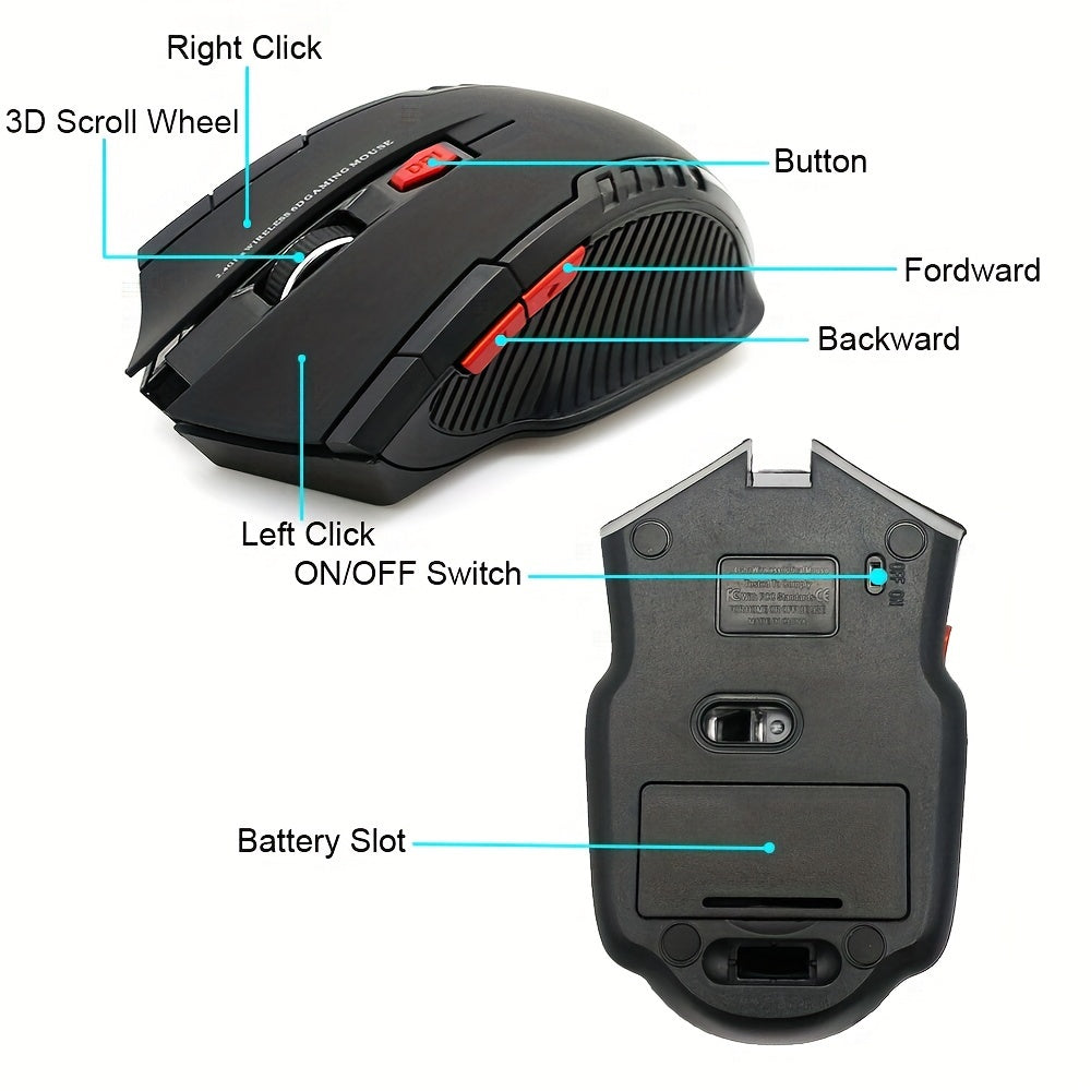 2.4GHz Wireless Gaming Mouse with USB Receiver: 6 programmable buttons, optical sensor for PC and laptop use. Ideal for gamers and notebook users.