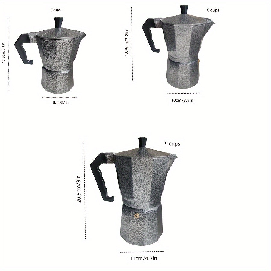 An array of Middle Eastern mocha coffee pots with a black background design, along with Italian-style aluminum pots, coffee cups, and a complete coffee set.