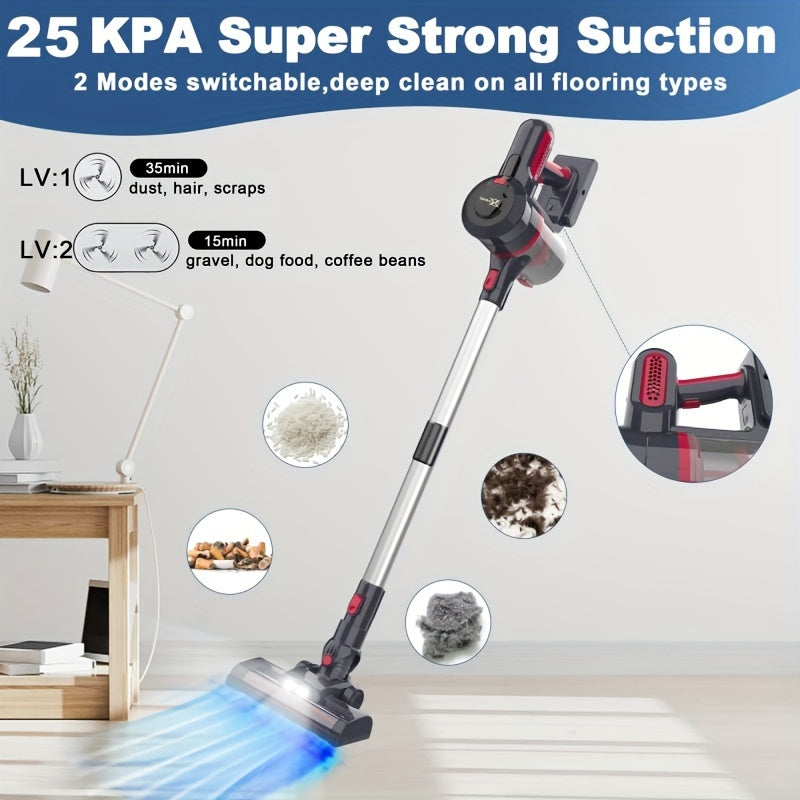 HHD Cordless Vacuum Cleaner with 250W motor, 25KPa suction power, ideal for home and car, includes accessories.