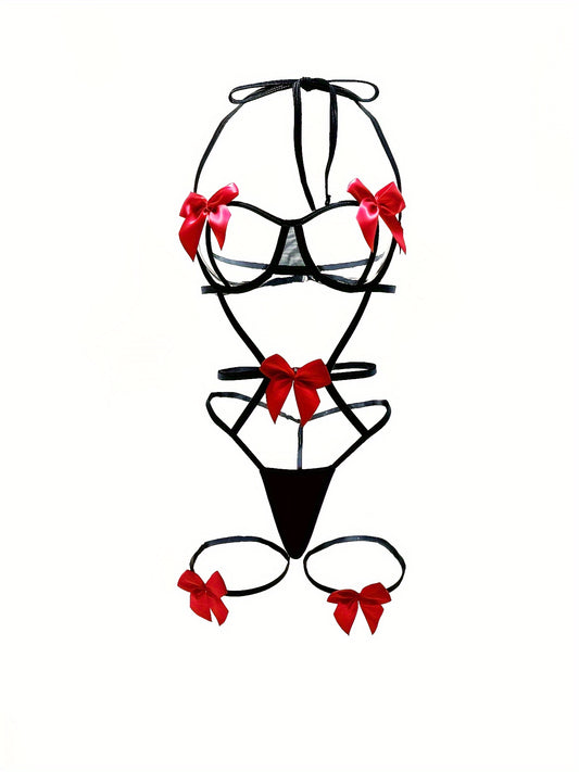 Sexy bow strappy teddy with open cup halter and leg rings.