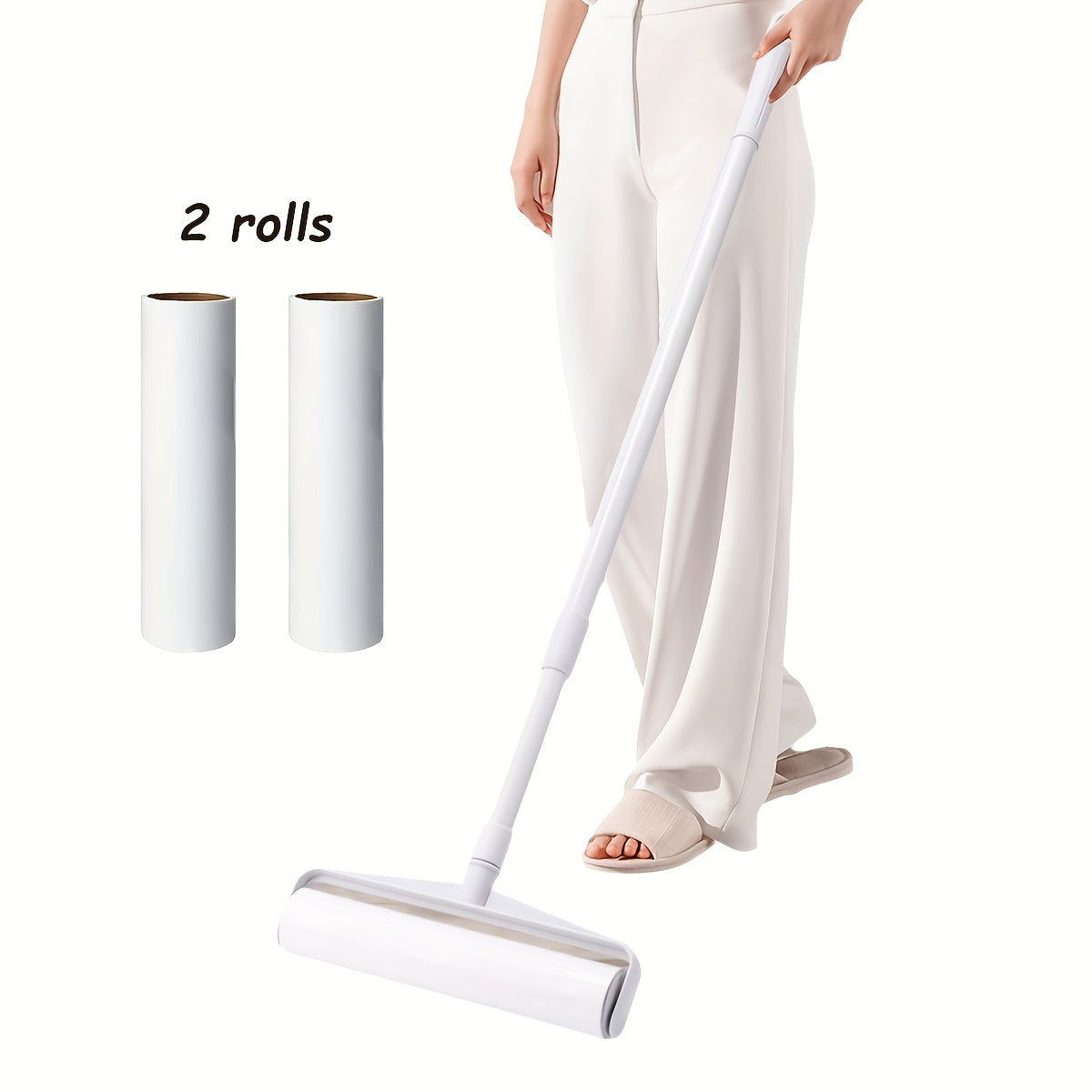 Introducing an oversized lint roller set that includes 2 rolls of adhesive lint tape with dust covers. This highly durable and reusable lint remover comes with 60 sheets per roll, making it easy to clean and perfect for removing lint, fur, and debris