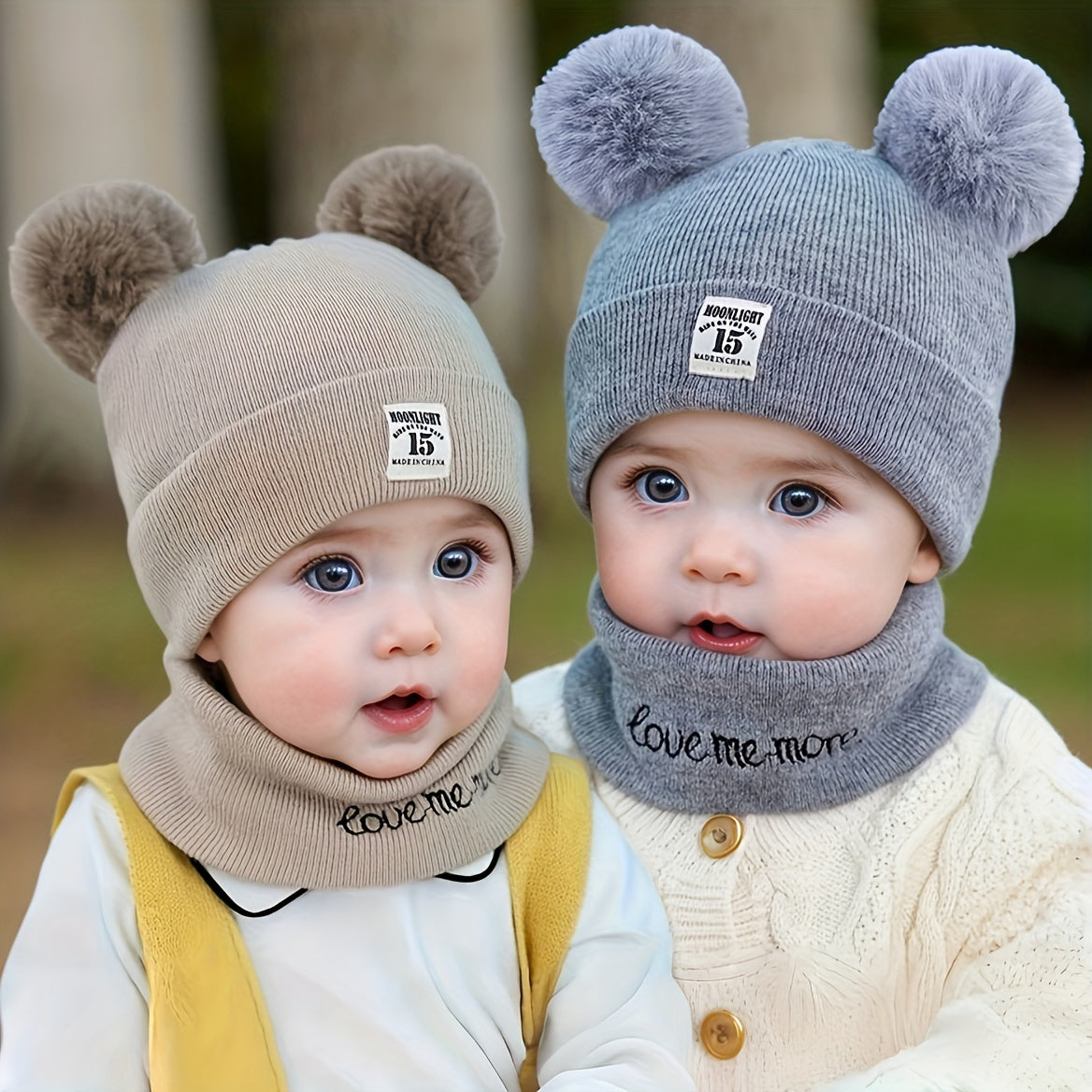 2-piece set of cozy knitted beanie with pom pom and snood featuring alphabet design, ideal for fall/winter, birthdays, and casual attire.