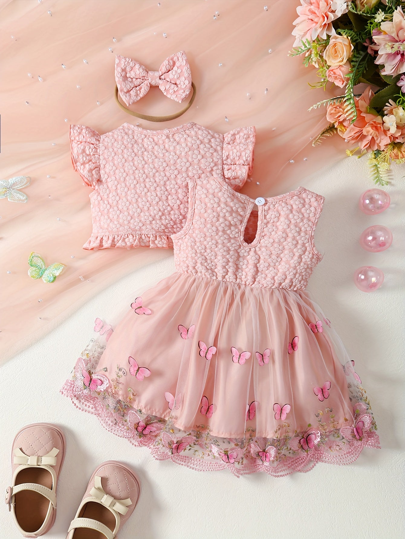 3-piece girls' summer outfit: Pink butterfly embroidered tulle dress with ruffle sleeves, polyester crop top with bow headband set. Machine washable, great for special occasions or outdoor