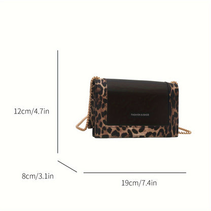 Stylish leopard print crossbody bag for women in black synthetic leather with golden-tone chain strap. Magnetic closure and large capacity, suitable for work, travel, and everyday use.