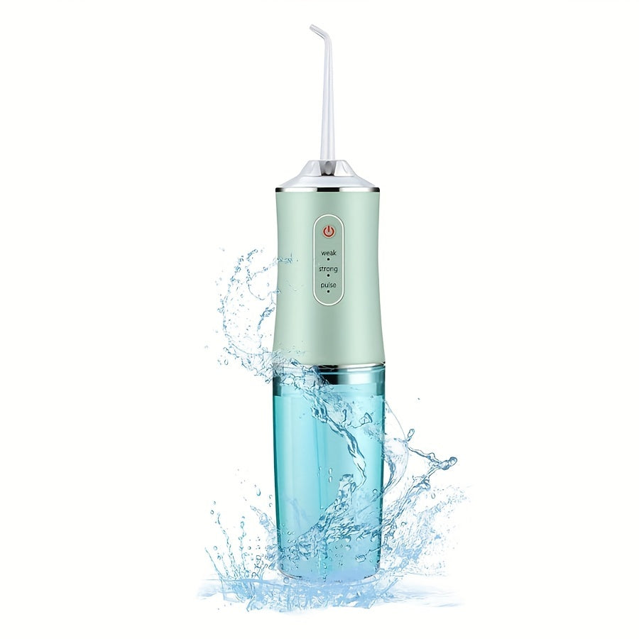 Portable rechargeable water flosser with 3 modes and 4 nozzle functions for dental hygiene on-the-go.