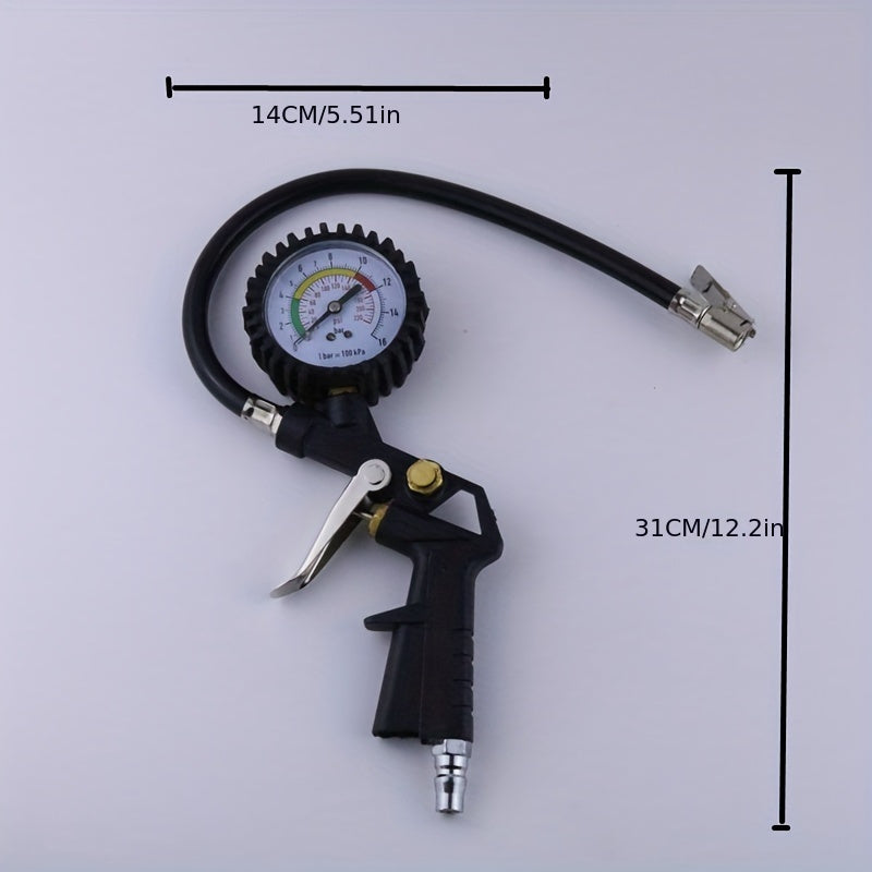 High-precision tire pressure monitor with digital gauge for vehicles, featuring ergonomic handle, metal nozzle, easy-to-read dial, and durable construction. Ideal for car maintenance and