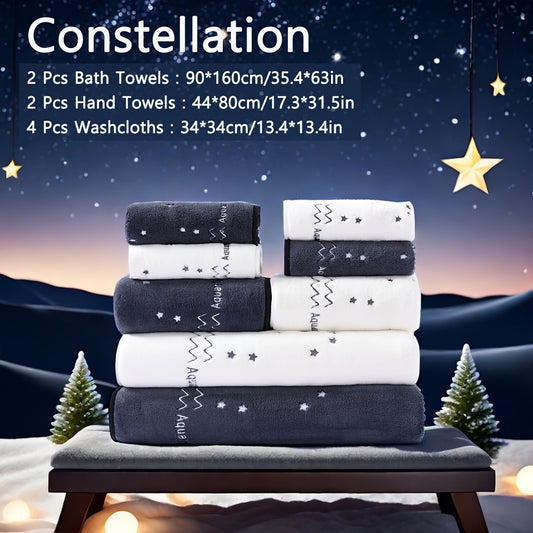 8-piece bath towel set with constellation pattern embroidery on thick microfiber material; includes 2 bath towels, 2 hand towels, and 4 washcloths in multiple colors. Soft, absorbent, and comfortable for use in bathroom, shower, or hotel.