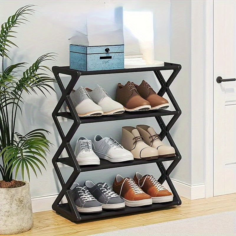 Black Metal Shoe Rack with X-Shaped Design - 4-Tier Shoe Organizer for Entryway and Living Room, Space-Saving and Dust-Proof, Ideal for Sneakers, Boots, and Other Footwear.