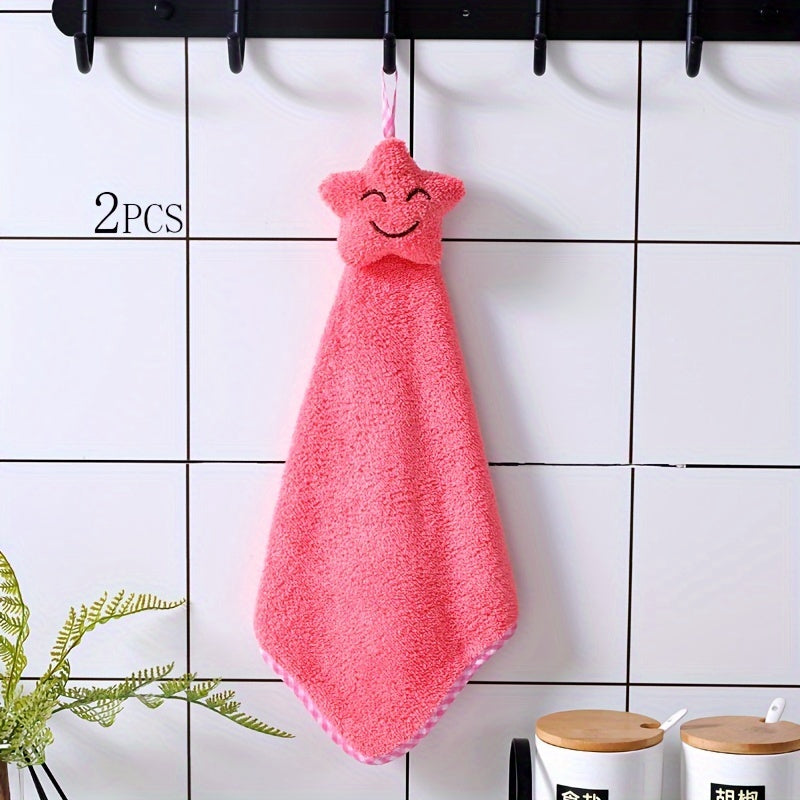 2pcs Cartoon Star Decor Fingertip Towels made from Coral Fleece for Kitchen and Bathroom Use. Ideal for drying hands, hanging in your home as a cute decoration, or using as a tea towel.