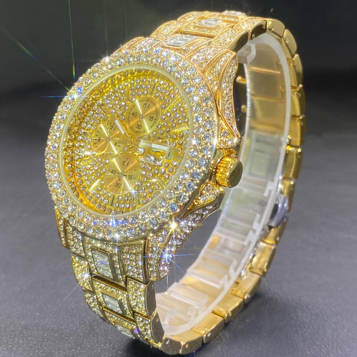 Luxurious men's MISSFOX dating watch with full diamond decoration on three small dials, featuring a golden ice-cool hip-hop style.