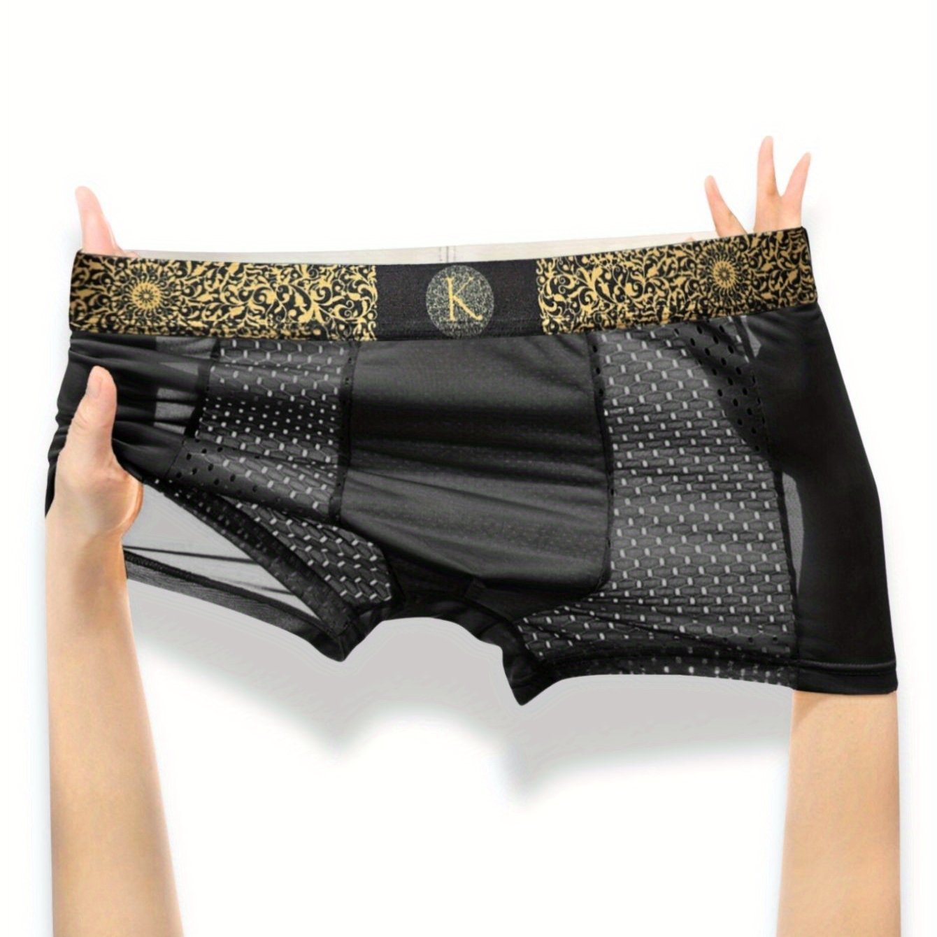 Men's luxury baroque style boxer shorts in black, dark gray, light gray, and sky blue.