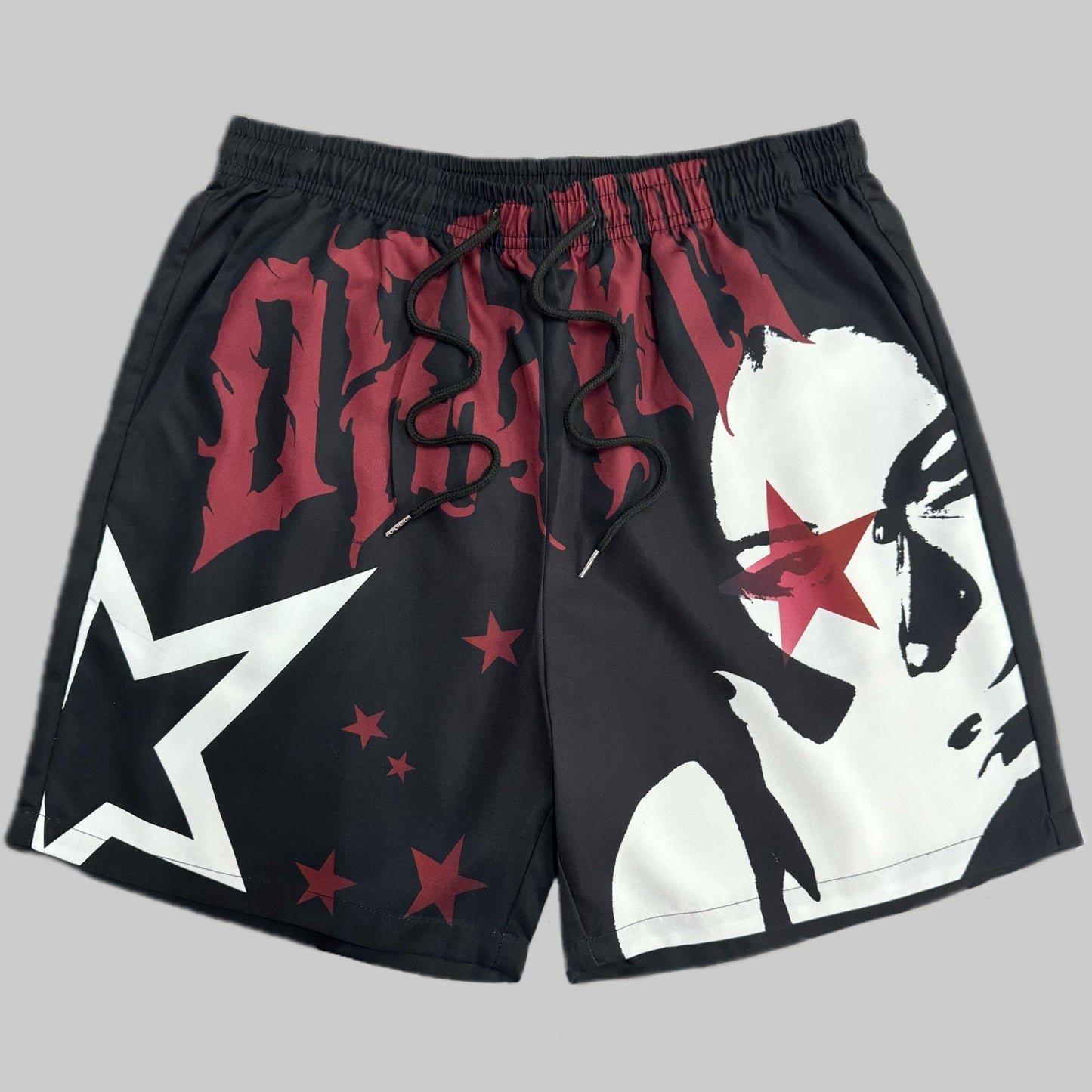 Men's printed shorts for summer with drawstring waist, polyester fabric, casual street style.