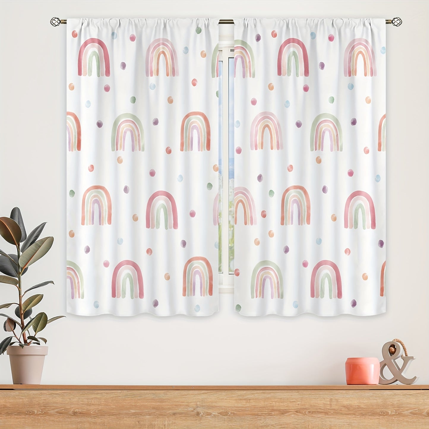 Polyester curtain with Bohemian Rainbow Cartoon design, 214cm x 160cm, 2 pieces.