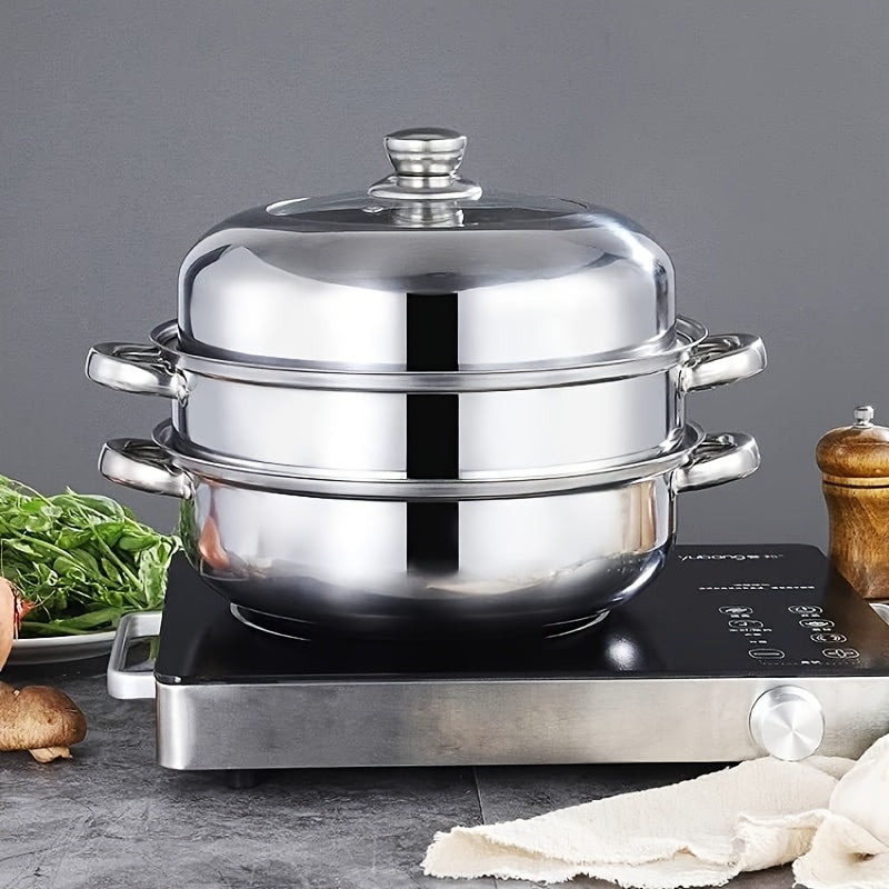 Durable Stackable Stainless Steel Cookware Set with Non-Stick Finish, Bakelite Handles, Visible Glass Lid, and Multiple Layers