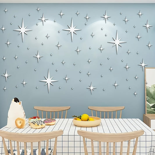 82 pieces of 3D acrylic mirror wall decals - removable self-adhesive stickers in star and moon shapes, perfect for decorating living rooms and bedrooms in either silvery or golden color.