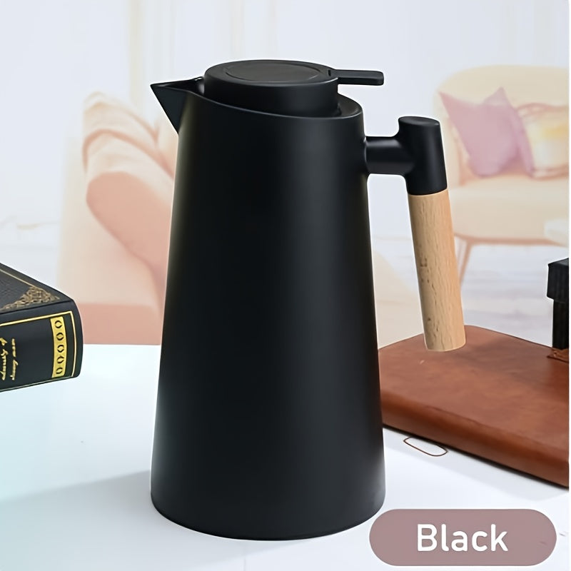 Dual-layer vacuum insulated coffee pot with wooden handle. Ideal for hot and cold beverages, requires no electricity.