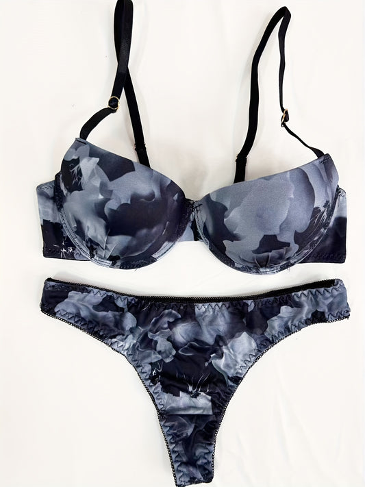 Floral print underwire bra and thong lingerie set for women.