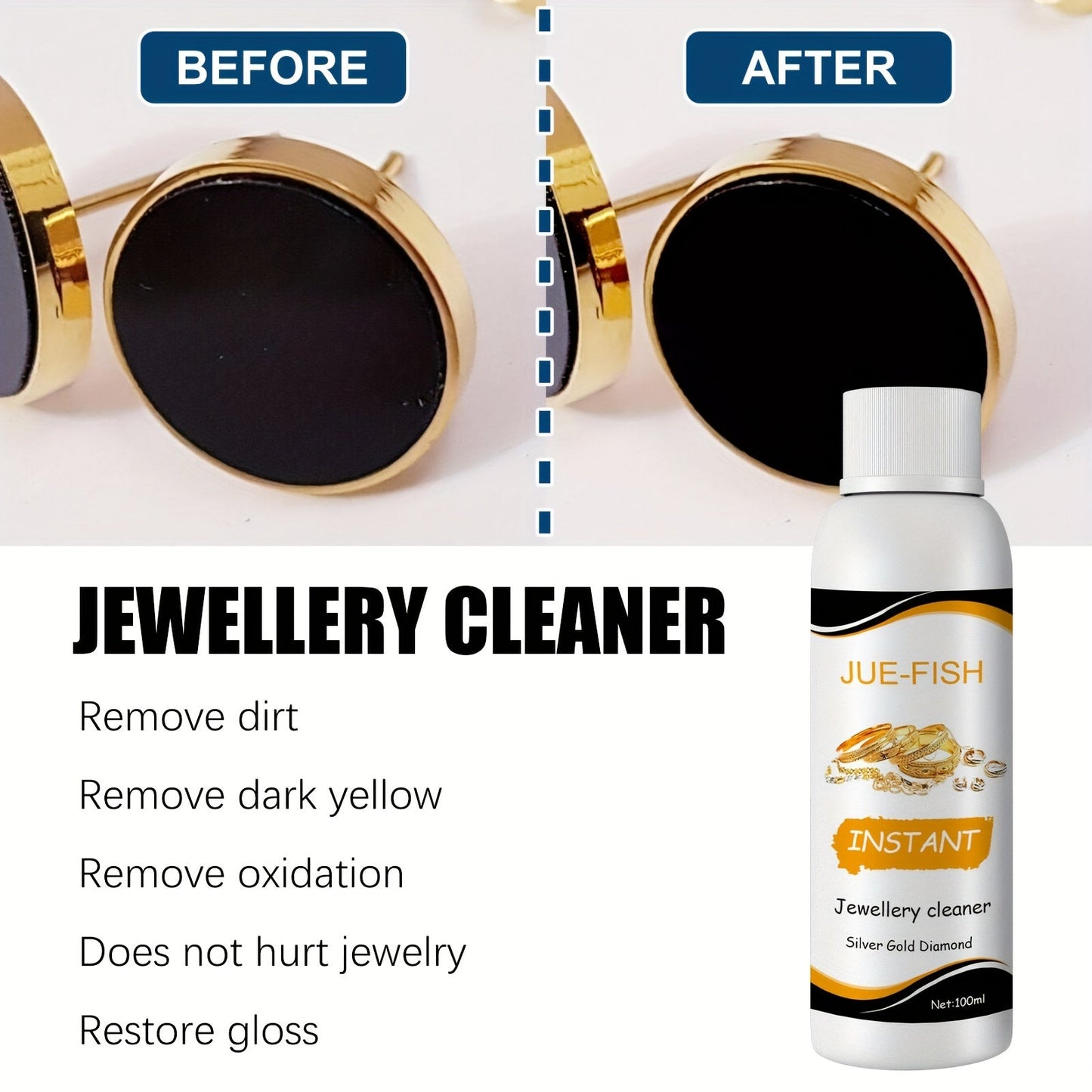 Single piece of jewelry cleaner liquid for decontamination and care of jewelry, specifically designed for cleaning various stains on jewelry and blackening care on glass surfaces. This product is a must-have addition to your cleaning supplies and tools.