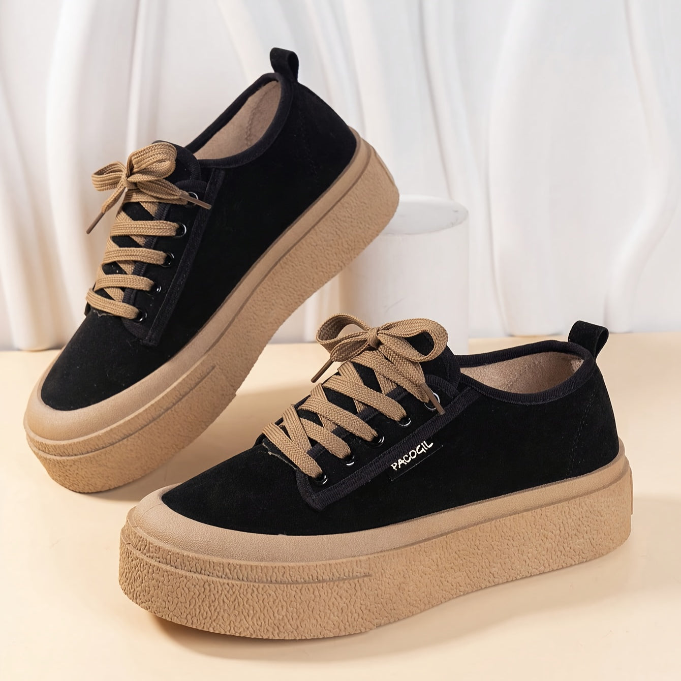 Women's fashion sneakers with solid color, low top lace-up design, comfortable fabric upper, durable PVC sole, all-season sports style.