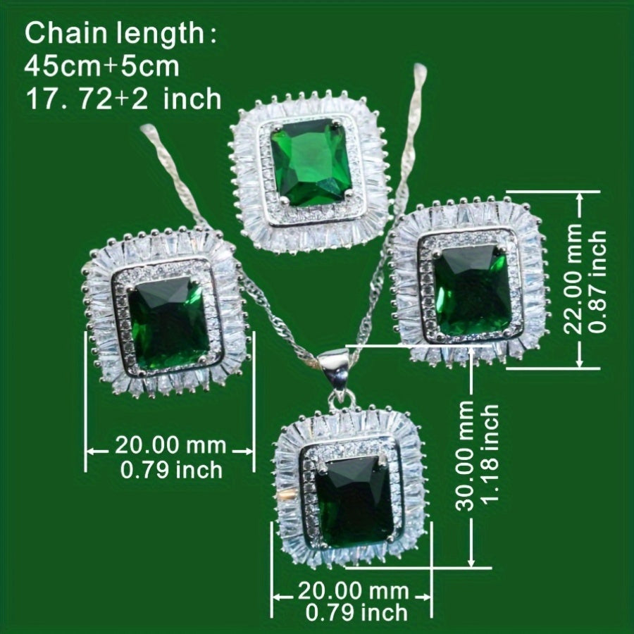 Exquisite Luxury Faux Green Gemstone Jewelry Set for Women - Crafted with Platinum-Plated Copper and Sparkling Zirconia Stones, Complete with Ring, Earrings, Necklace, and Bracelet - 5-Piece Collection Perfect for Bridal and Special Occasions