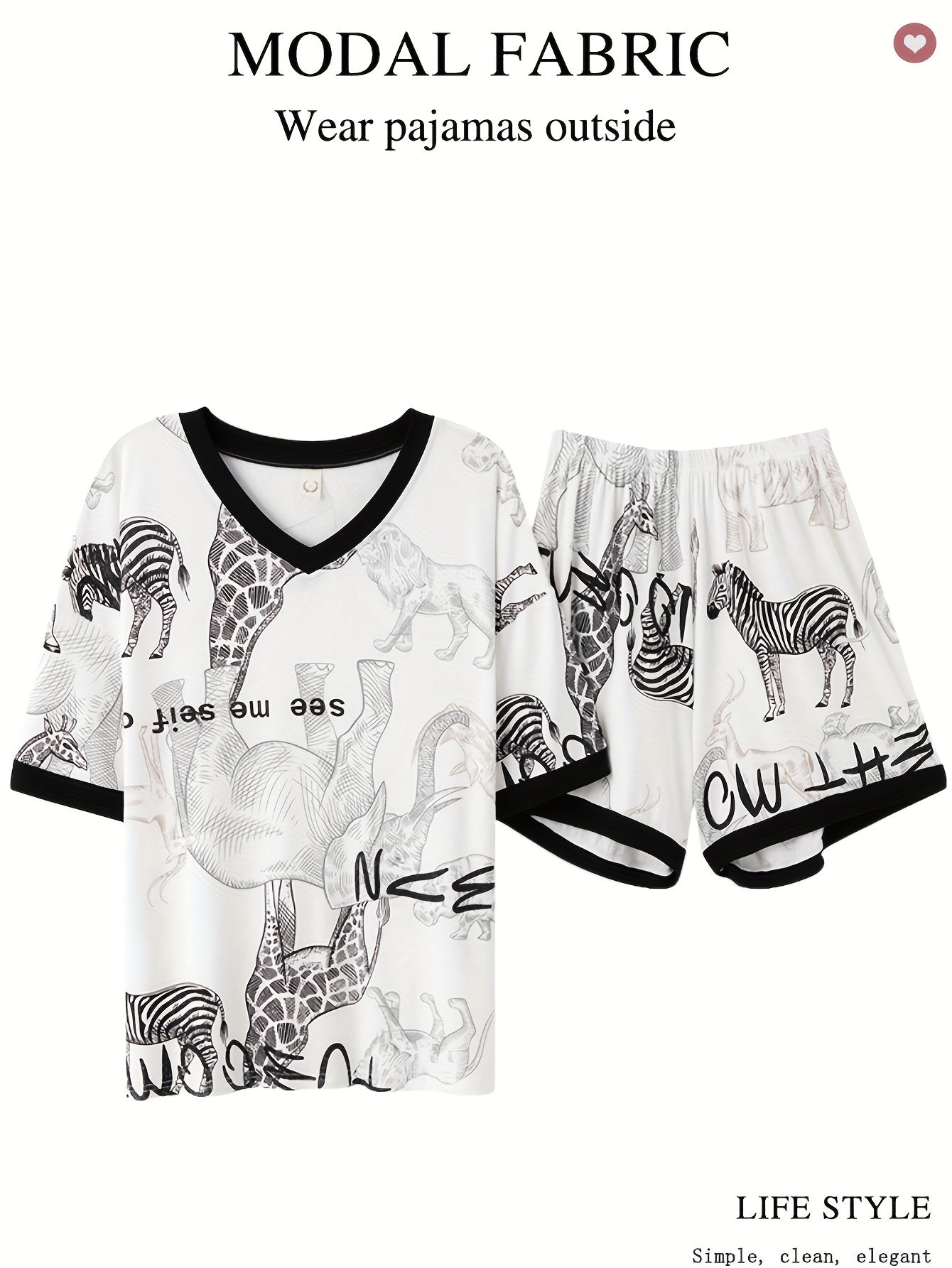 Stylish Women's Modal Pajama Set with Animal Print, Short Sleeve V-Neck Top and Elastic Waist Shorts; Perfect for Spring/Summer Lounging.