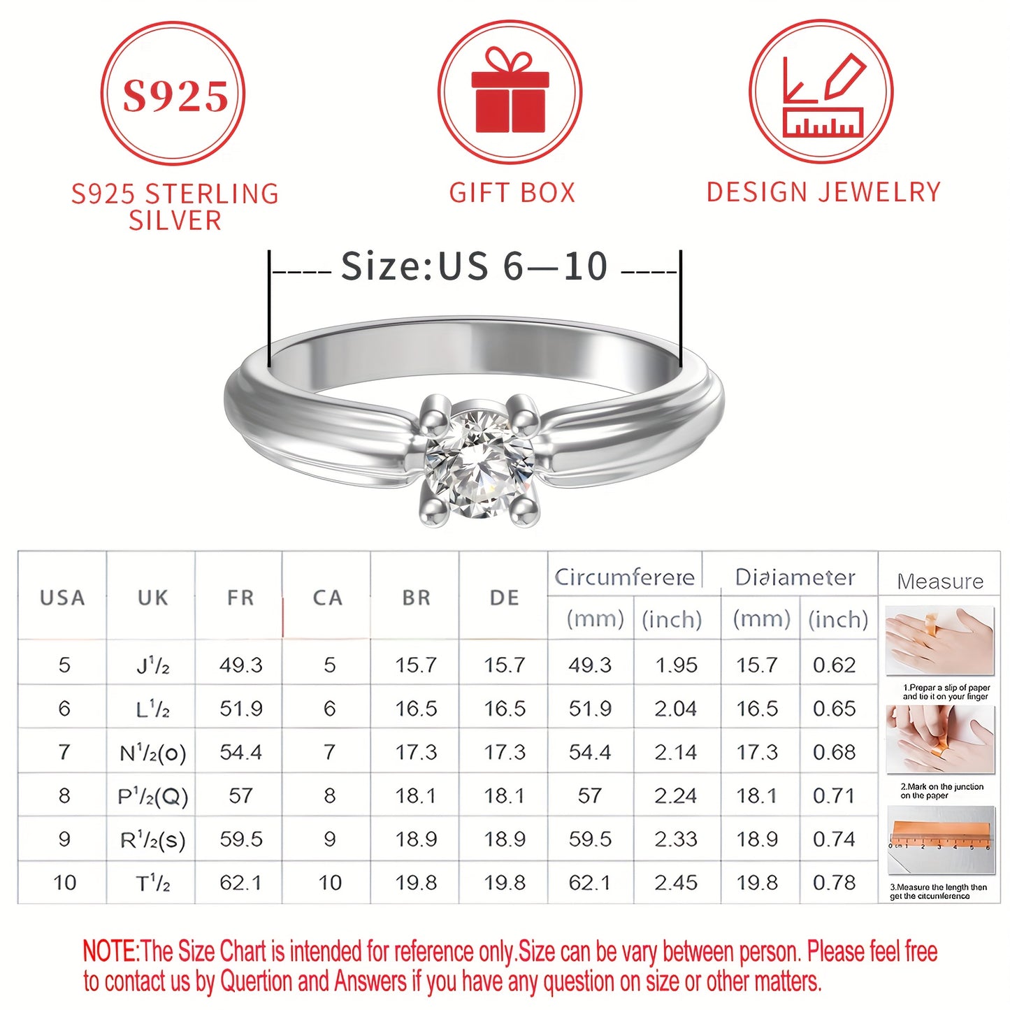 S925 sterling silver ring with synthetic diamond zirconia. Classic and simple design for everyday wear or special occasions. Comes in a high-quality gift box.